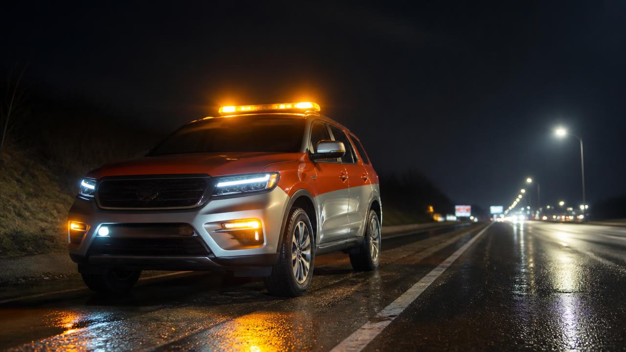 Red and silver Night Owl roadside service SUV on a highway shoulder at night